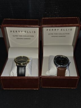 Perry Ellis Men’s Ultra Thin Leather Strap Watch - Black & Brown